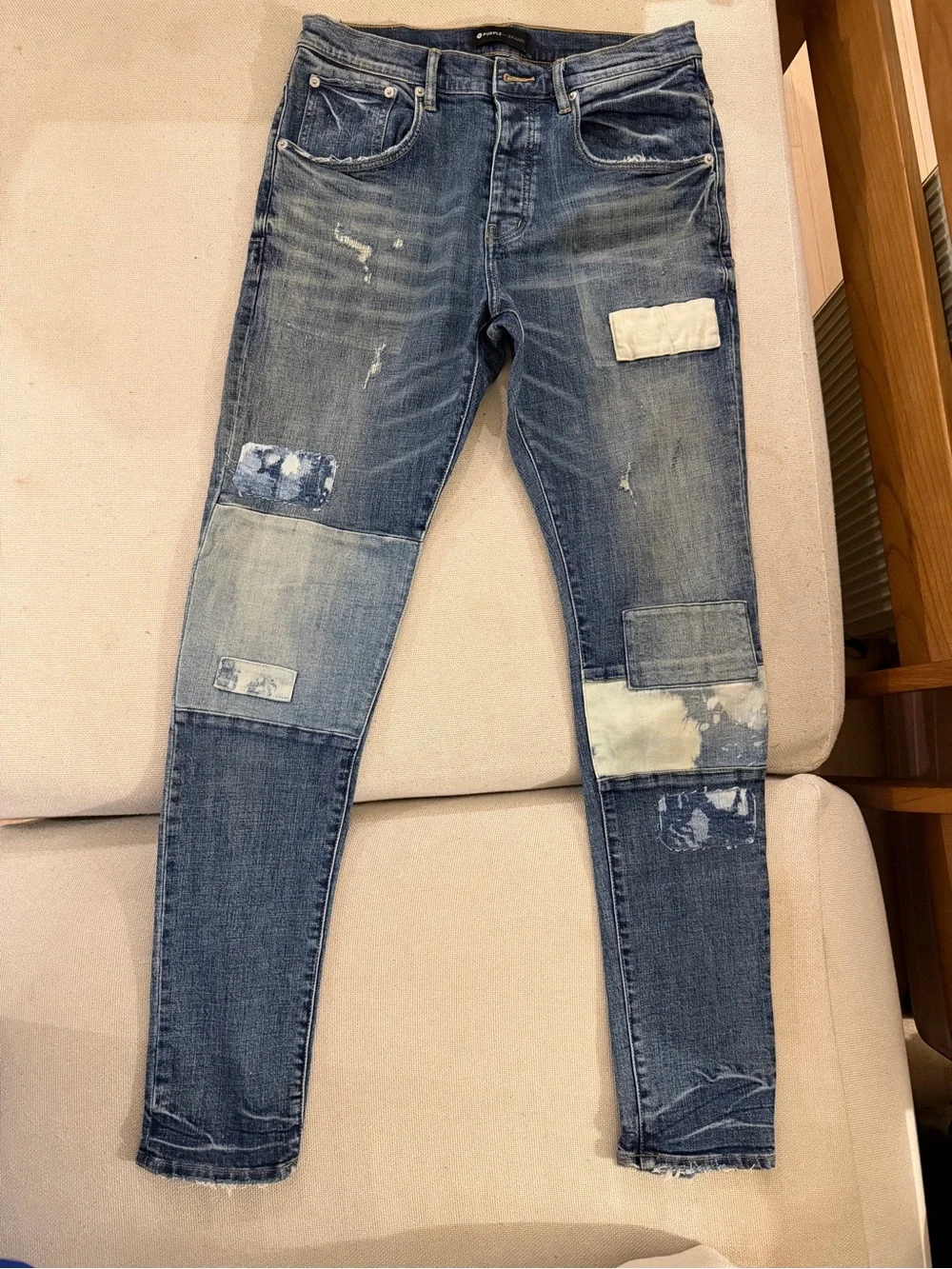 PURPLE BRAND Slim Patchwork Blue Men's Jeans - Distressed Denim